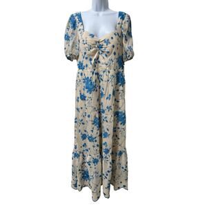 Kensie Embroidered Floral Chiffon Tiered Midi Dress Size 12 Beige Blue Event NWT
